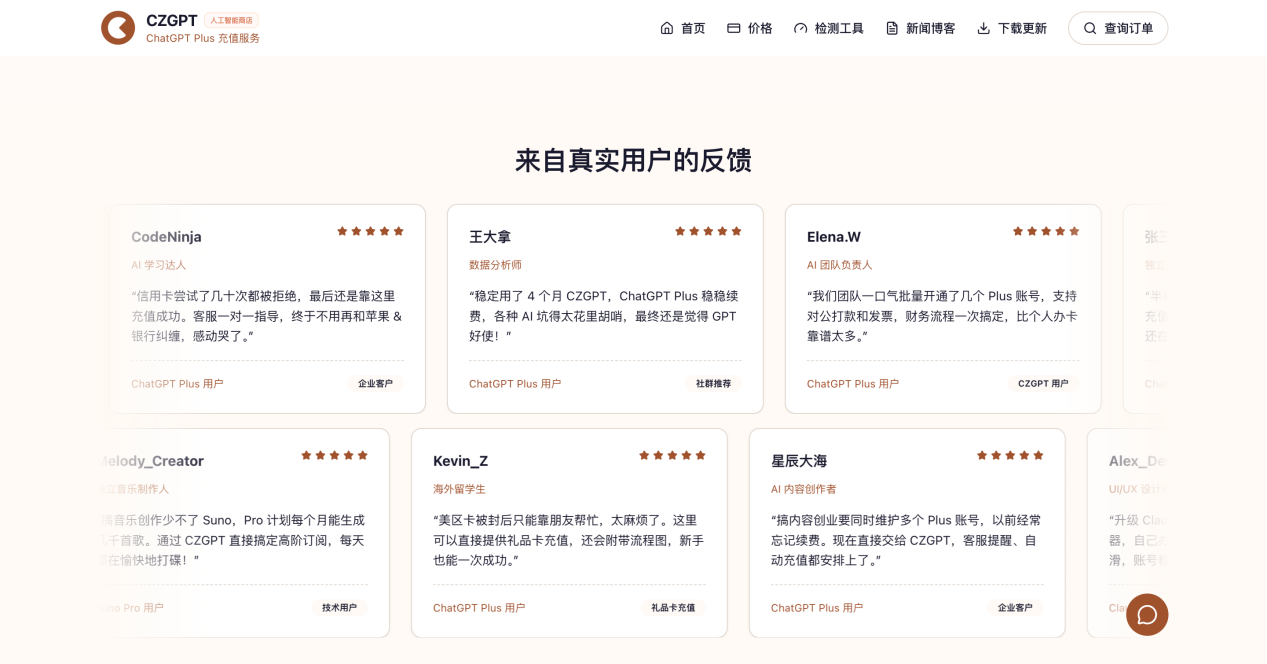 CZGPT 平台展示的用户反馈